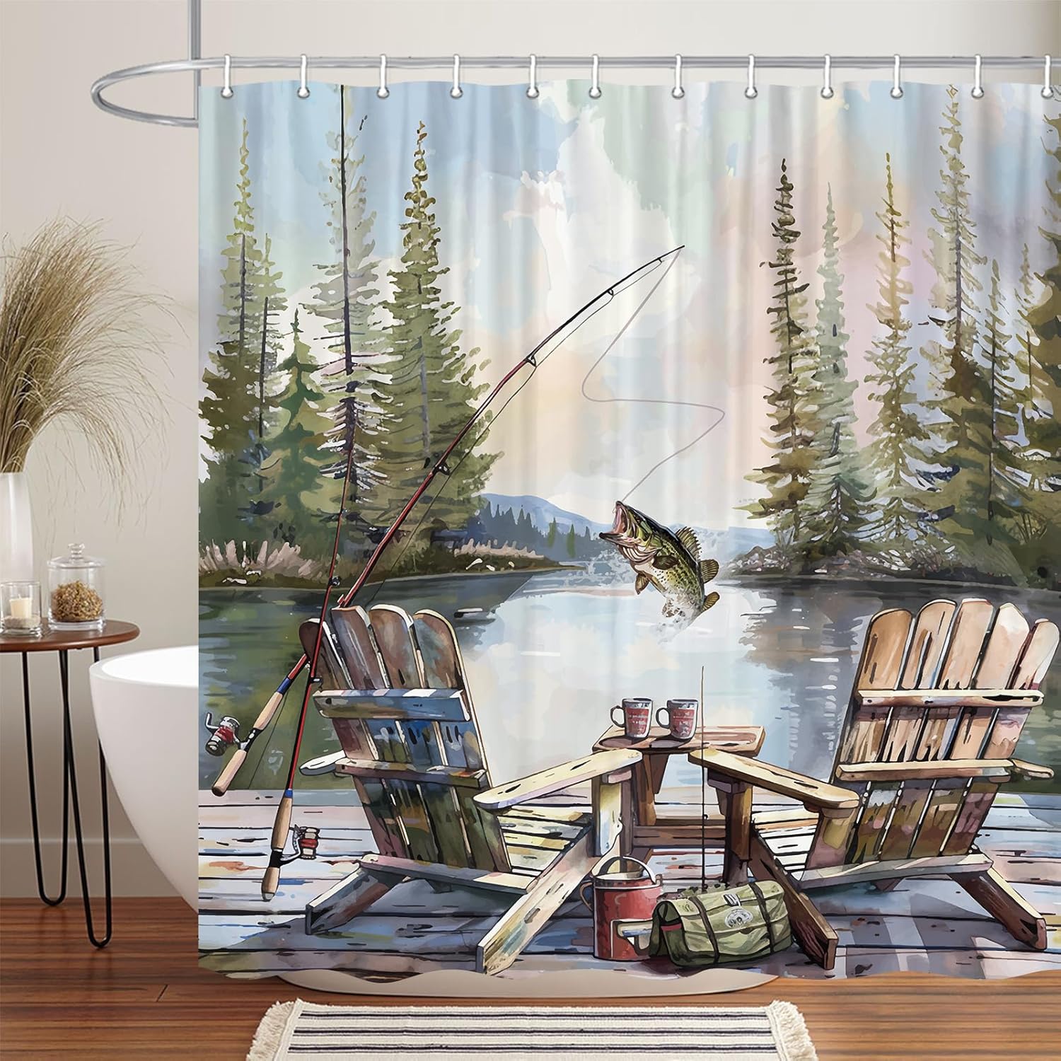 Rustic Fishing Shower Curtain, - Hunting And Camping In Forest avaliação e preço