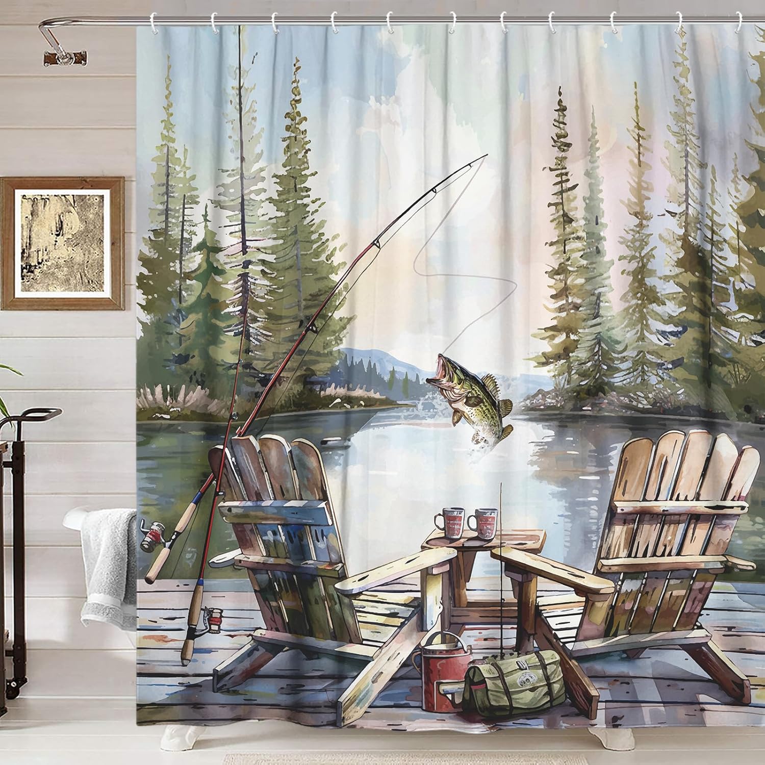 Rustic Fishing Shower Curtain, - Hunting And Camping In Forest avaliação e preço