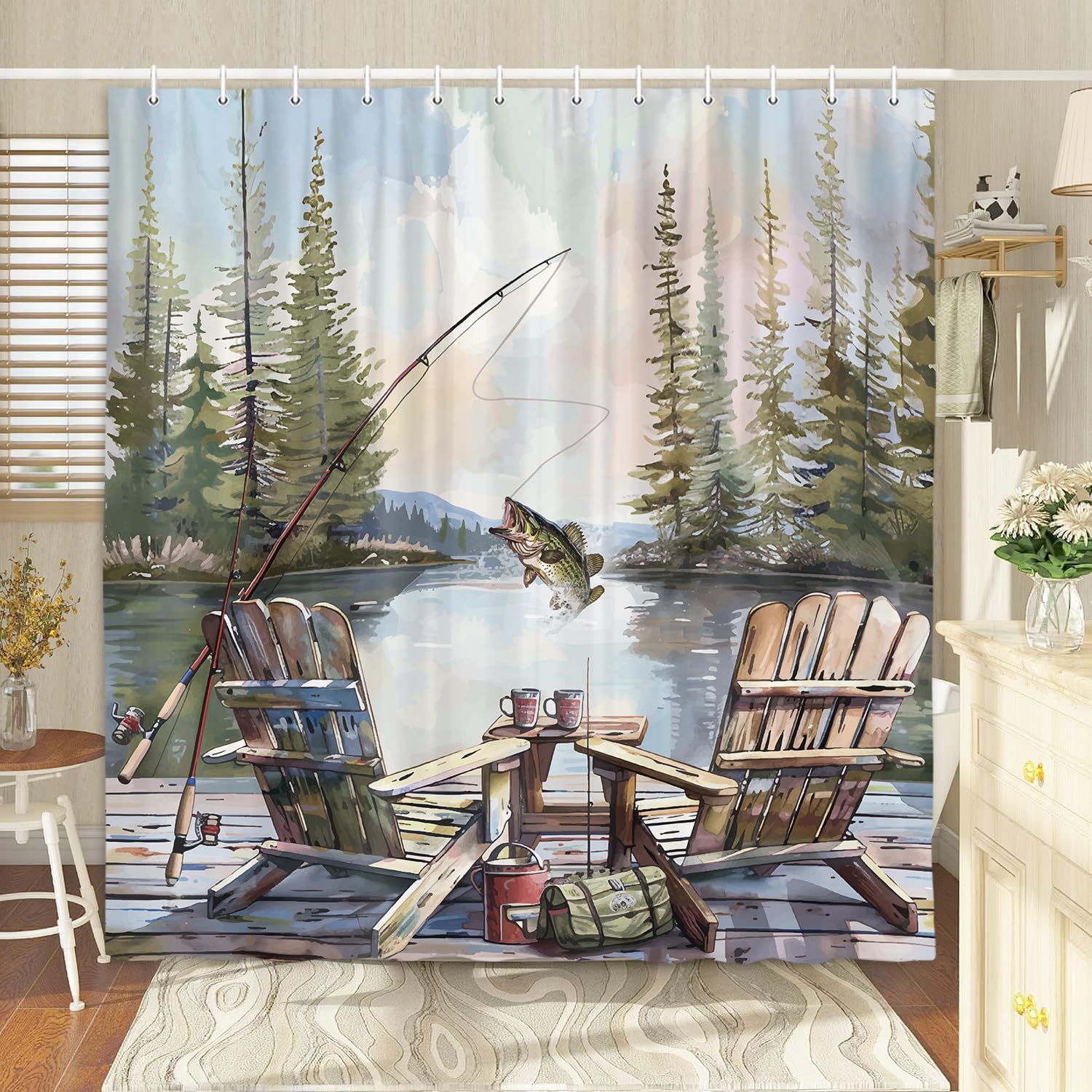 Rustic Fishing Shower Curtain, - Hunting And Camping In Forest avaliação e preço