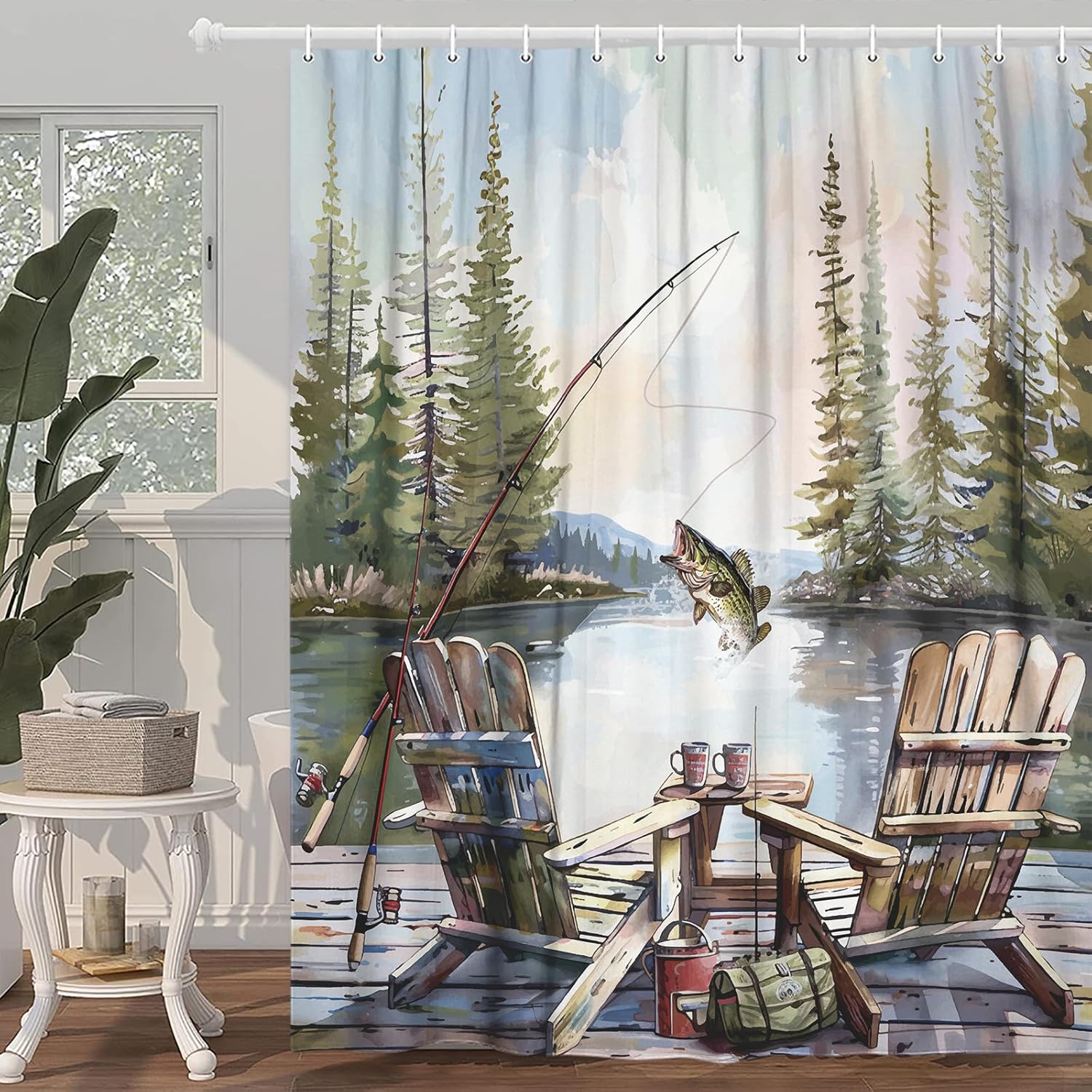 Rustic Fishing Shower Curtain, - Hunting And Camping In Forest avaliação e preço